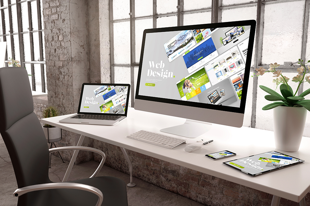 3d rendering of industrial office with devices showing website builder
